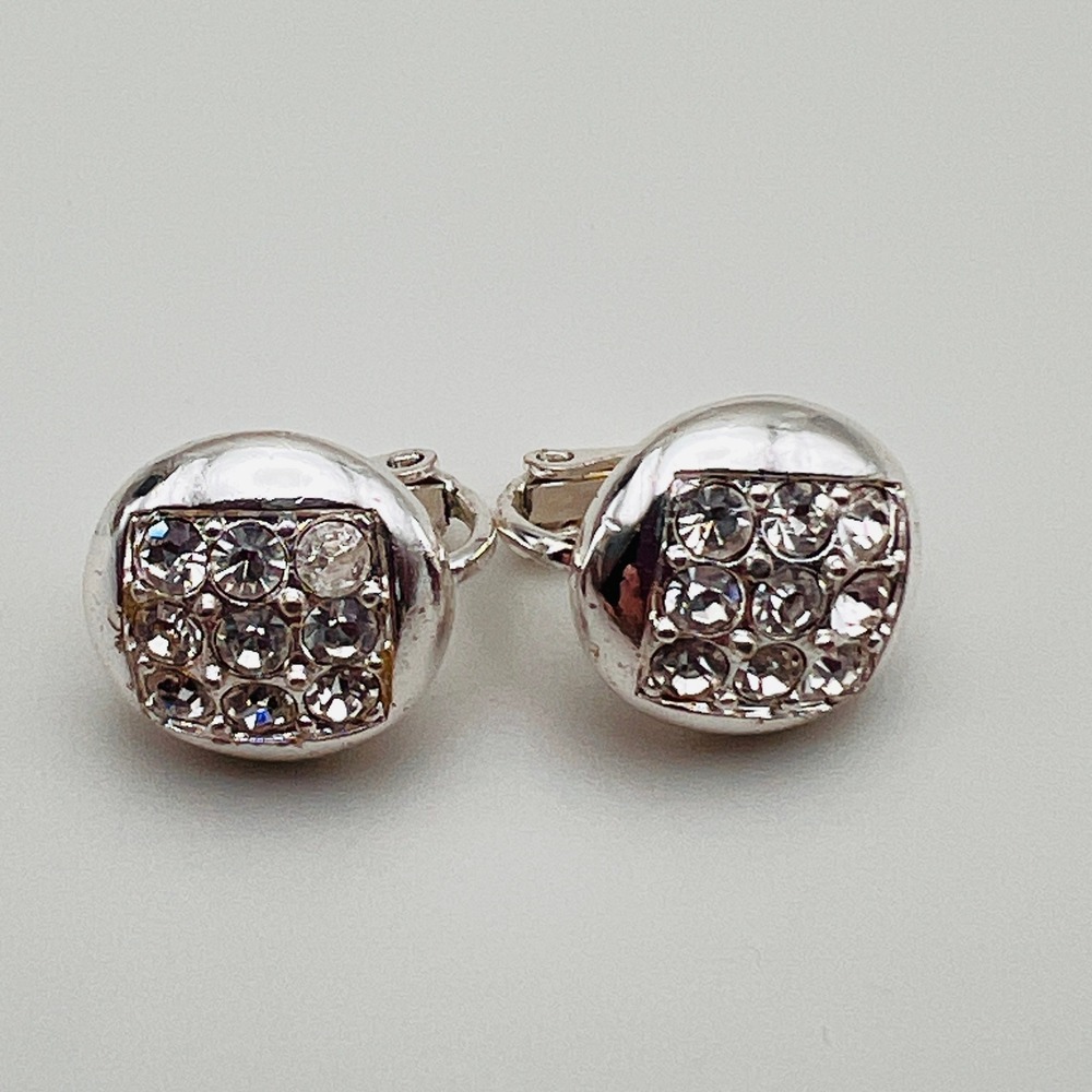 Vintage Pave Rhinestone Round Earrings Silver Tone Clip On Mid Century Modern
